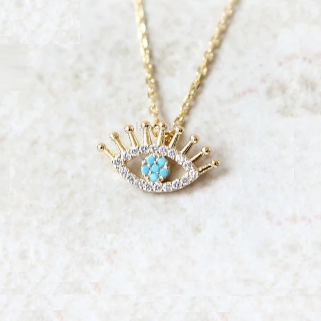 925 Sterling Silver Micro Pave Clear CZ dan Turquoise Evils Mata Pendant Kalung Kalung