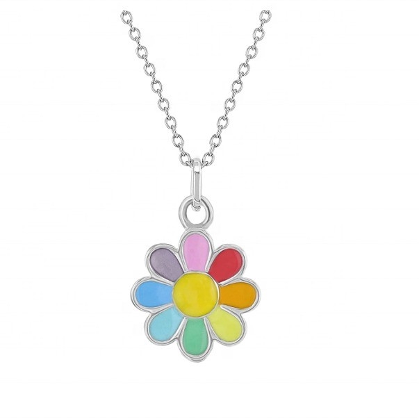 925 Sterling Silver Rainbow Enamel Daisy Pendant Necklaces untuk Anak-anak dan Gadis Muda