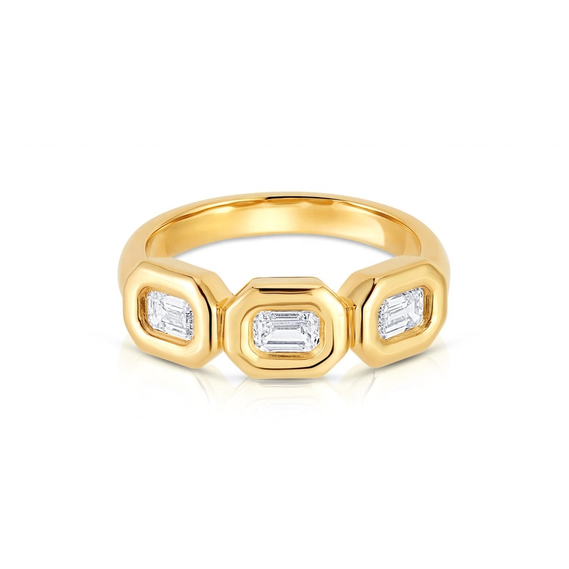 Cincin Triple Emerald Perak buatan tangan dengan Batu Zircon AAA dan Pengaturan Bezel Emas 14K