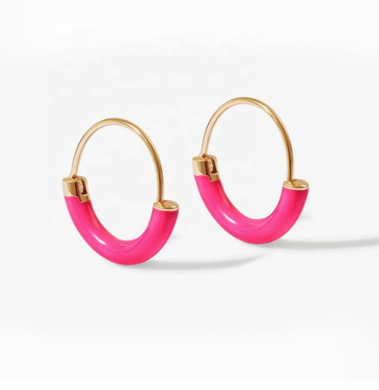 925 Sterling EARINGS 18MM Dia Hoops dengan Hot Pink enamel dan 18K Gold Plating