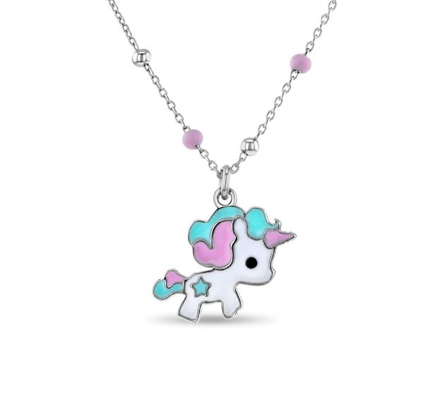 Anak-anak Enamel Unicorn Pendant Kalung 925 Sterling Perak Putih Emas Lapisan