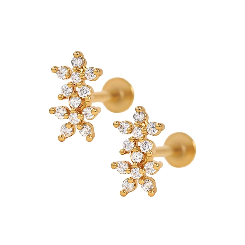 Gaya Klasik Bunga Ganda Ball Back Flat Back 925 Sterling Earrings Perak untuk Gadis