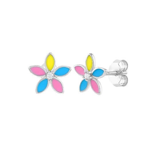 Kuning Enamel Multi Color Bunga Stud Earrings 925 Sterling Perak Bunga Studs