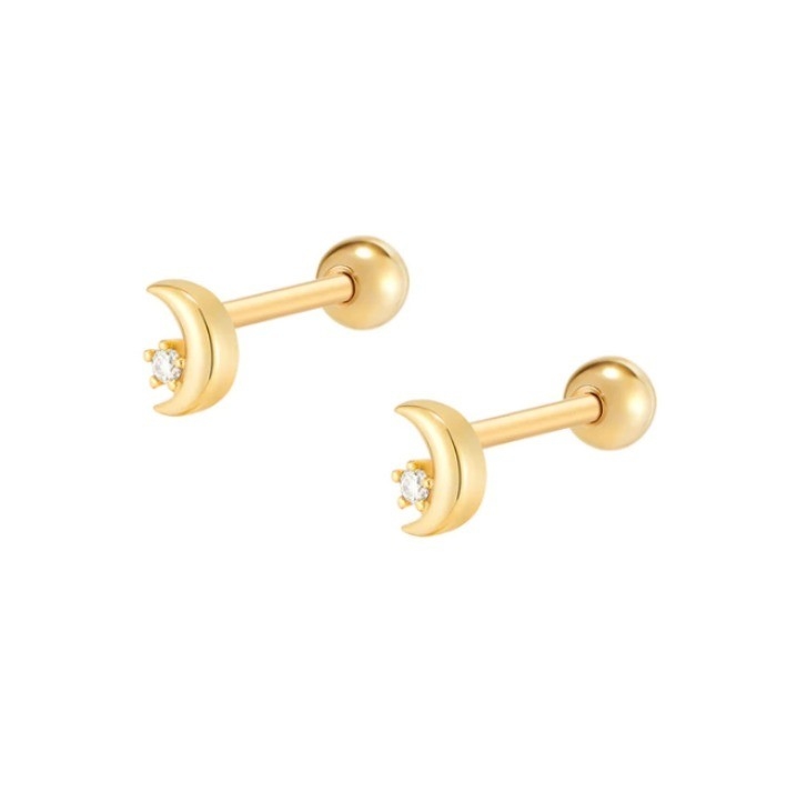 925 Sterling Silver Tiny CZ Moon Piercing Stud Earring dengan Ball Screw Back Closure