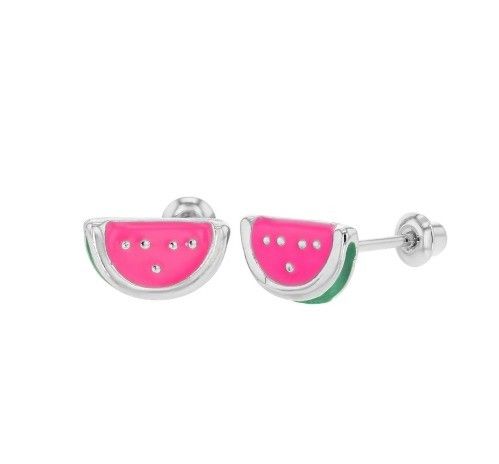 Silver Pink dan Green Enamel Semangka Anak-anak Memutar Kembali Earring untuk Hadiah