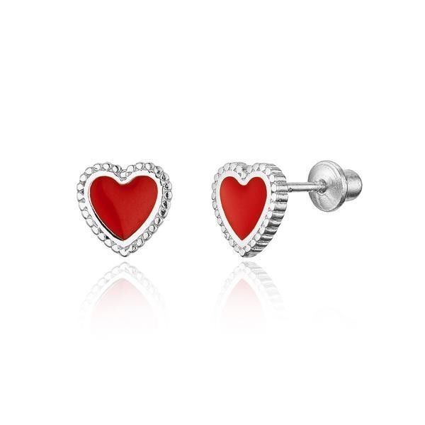 Anak-anak yang aman skru kembali anting-anting dalam 925 Sterling Perak dengan jantung enamel merah kecil