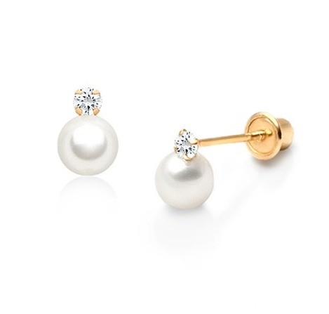 Anak-anak Perhiasan Mutiara Jatuh Earrings dengan Sekrup Kembali dan Putih CZ di 925 Sterling Perak