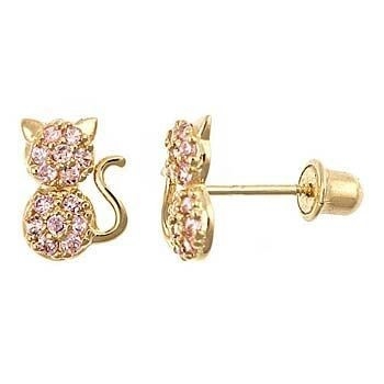 Jenis Perhiasan EARLINGS YCE6799 Pink CZ Cat Stud Earrings for Little Girls Sekrup Kembali