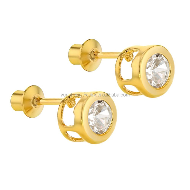 Handmade 4mm Clear CZ Gold Plated Stud Earrings for Baby Children 925 Perhiasan Perak