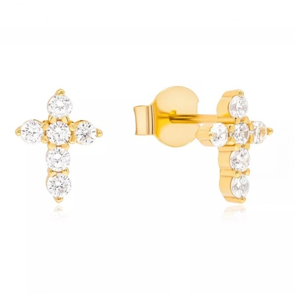 18K Plating Earring Micron Pave Cross Stud Earring dalam 925 Sterling Perak untuk Gadis