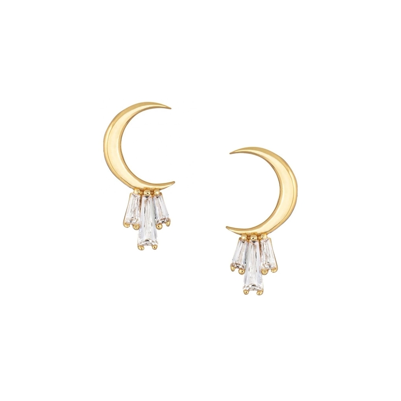 18K Gold Plated 925 Sterling Silver Baguette Moon Stud Earrings untuk Wanita AAA CZ Batu