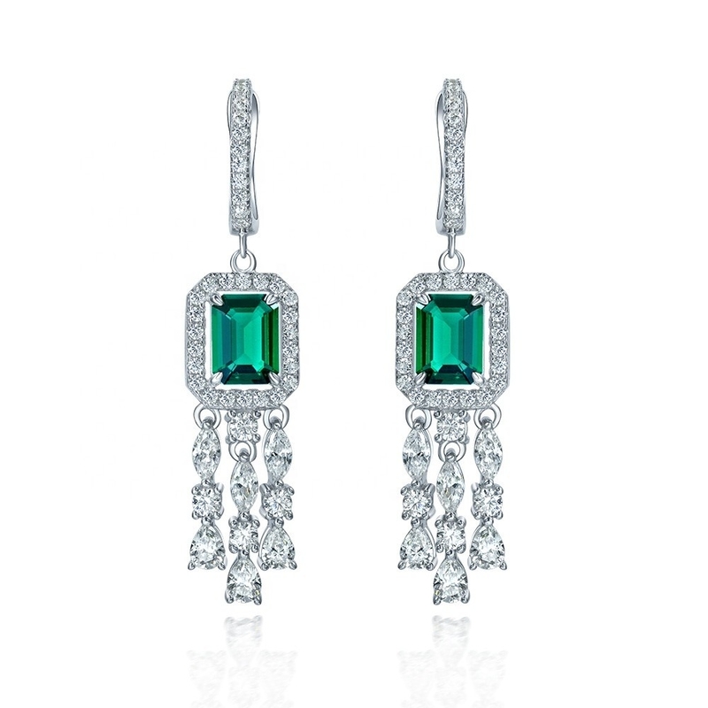 Perunggu Sterling Asli 925 Baguette Hijau CZ Earrings Diamond Long Hoop untuk Unisex Wear