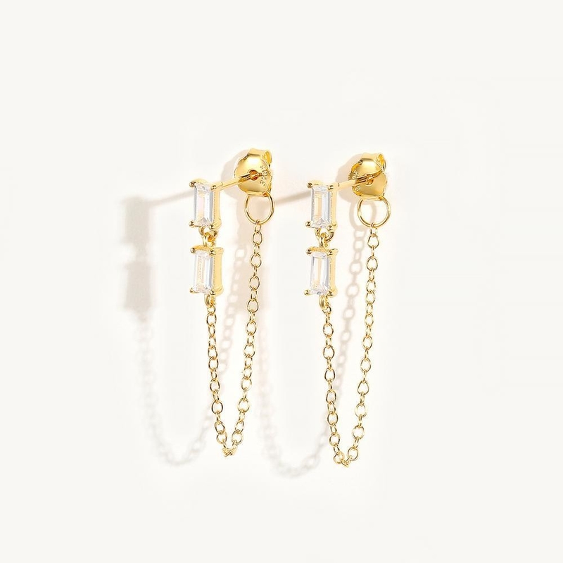 Jual Baguette Kubik Zircon Threader Stud Earring Perhiasan 925 Sterling Perak untuk Wanita