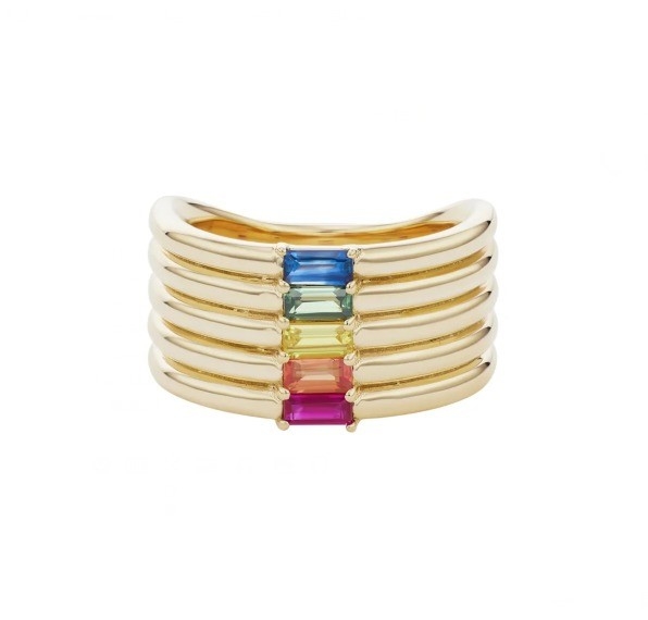 18K Gold Plated Rainbow Baguette Cut CZ Multi Fashion 925 Sterling Perak Wanita Cincin