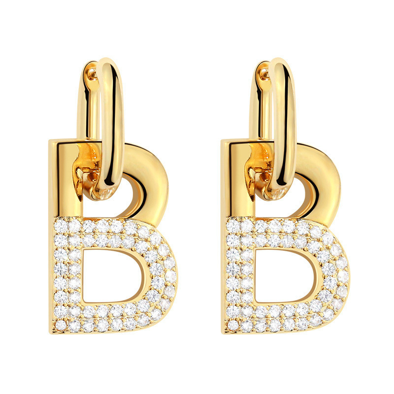Aksesoris Wanita B Hoop Earrings in Brass dengan Custom Initial Letter dan Gold Plating