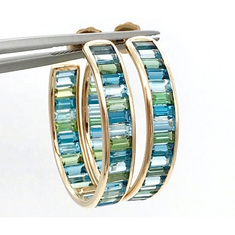 Perhiasan Bahan Utama Perak Baguette Biru dan Hijau Topaz Stud Hoops untuk Gaya Klasik