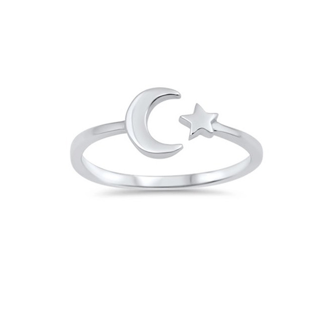 925 Sterling Silver High Polish Simple Open Moon Star Ring Sempurna untuk setiap kesempatan