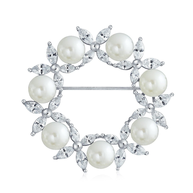 Emas Plated Daun Lingkaran Putih Pearl Brooch 925 Perak Mewah Brooch Untuk Wanita