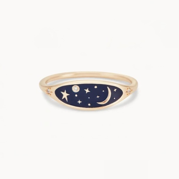 Handmade 18K Gold Plated Midnight Blue Enamel 925 Sterling Silver Round Brilliant CZ Stacking Ring untuk Gadis