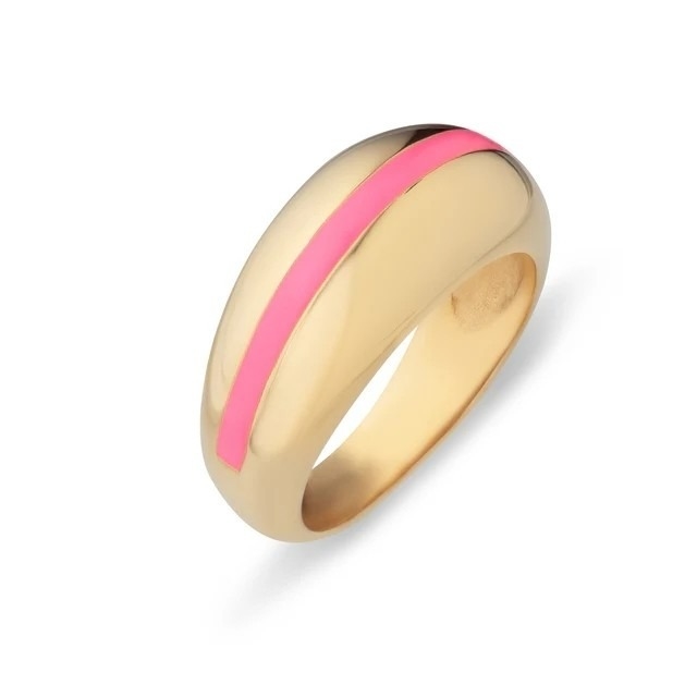 Grosir 18K Plated Gold Strip Pink Enamel Dome 925 Sterling Perak Wanita Cincin