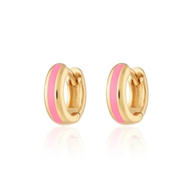 925 Logo Disesuaikan 18K Gold Plated Pink Enamel Huggie Earrings Untuk Wanita