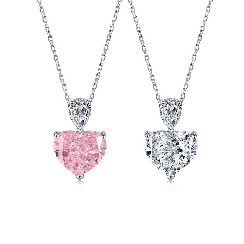 S925 Kalung Perak Sterling untuk Wanita Pink Heart White Drop Pear CZ Pendant Collarbone Chain