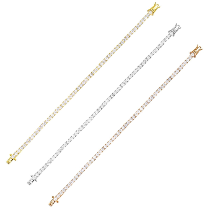 Hot Item 925 Sterling Perak Plating Emas 3mm Kubik Zirconia Tenis Gelang Untuk Wanita