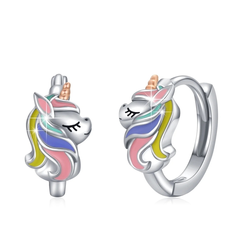 Rhodium Plated Unicorn Warna Enamel Huggies Earrings Untuk Remaja Fashion Perhiasan