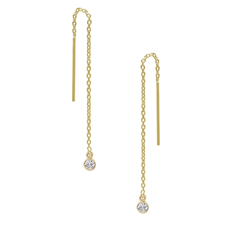 925 Sterling Perak Hanya 18K Gold Plated Wanita Bezel Drop Chain Threader Earring