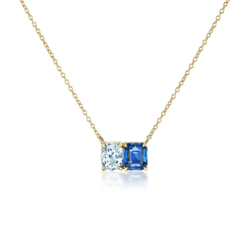 Hot Sale 925 Silver Cushion Cut Sapphire dan persegi panjang Cut Putih Zircon Warna Blok Zirconia Double Stone Pendant Necklaces