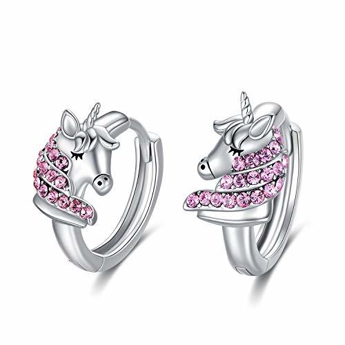 Anting-anting Huggie Unicorn Perak Murni 925 16mm CZ Merah Muda untuk Anak-anak