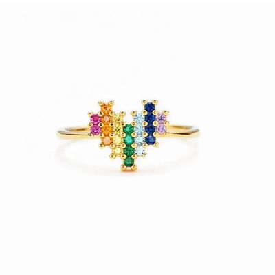 Cincin pertunangan 18K emas dengan desain bentuk hati yang lucu dan pelangi
