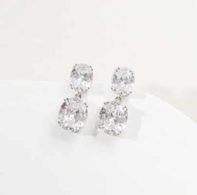 Engagement Occasion Prong White Oval Cubic Zircon 18K Gold Plated Brass Drop Earrings