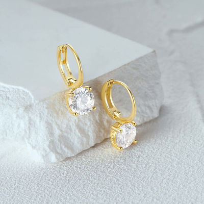 925 Sterling Perak Datang 18K Plating Emas Solitaire Putih Kubik Zircon Huggies Earrings