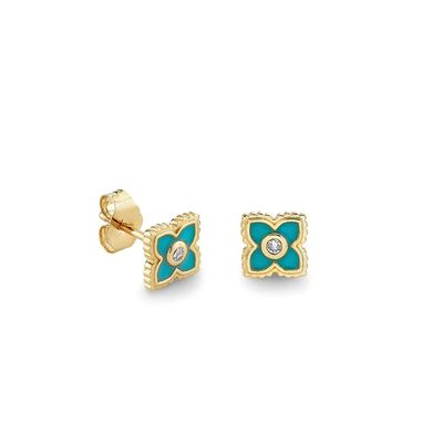 18K emas dilapisi enamel pirus mini stud bunga anting di 925 Sterling Perak
