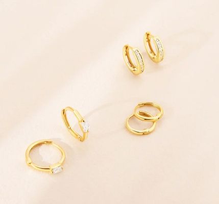 14K Plated Gold 10mm Baguette Cut Pink Kubic Zircon Earrings Anak Hoop dengan 50PRS MOQ