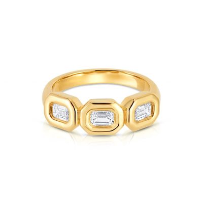 Cincin Triple Emerald Perak buatan tangan dengan Batu Zircon AAA dan Pengaturan Bezel Emas 14K