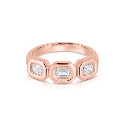 Cincin Triple Emerald Perak buatan tangan dengan Batu Zircon AAA dan Pengaturan Bezel Emas 14K