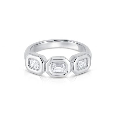 Cincin Triple Emerald Perak buatan tangan dengan Batu Zircon AAA dan Pengaturan Bezel Emas 14K