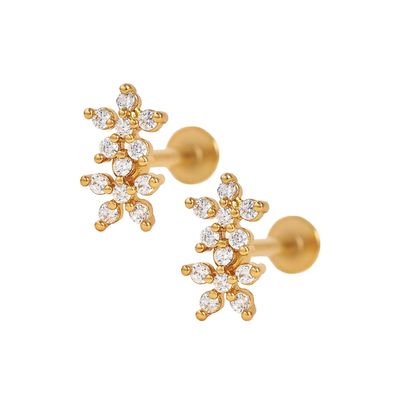 Gaya Klasik Bunga Ganda Ball Back Flat Back 925 Sterling Earrings Perak untuk Gadis