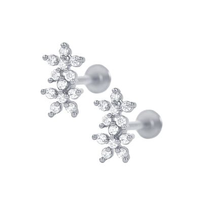 Gaya Klasik Bunga Ganda Ball Back Flat Back 925 Sterling Earrings Perak untuk Gadis