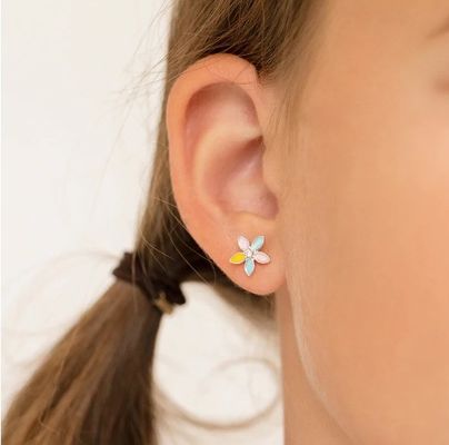 Kuning Enamel Multi Color Bunga Stud Earrings 925 Sterling Perak Bunga Studs