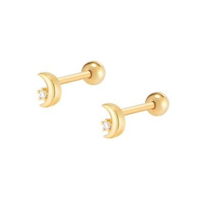 925 Sterling Silver Tiny CZ Moon Piercing Stud Earring dengan Ball Screw Back Closure