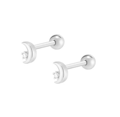 925 Sterling Silver Tiny CZ Moon Piercing Stud Earring dengan Ball Screw Back Closure