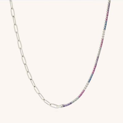 Gelang Rantai Tenis dan Kalung Rantai dengan Kerah Pelangi CZ Potongan Bulat Perak Sterling 925