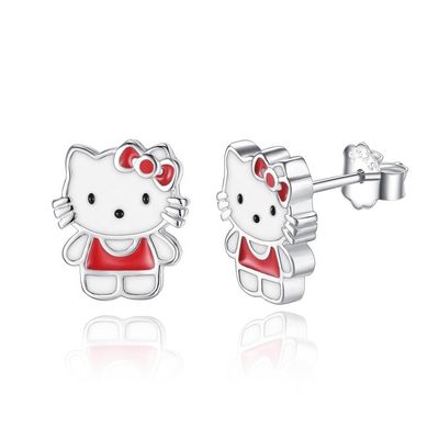 Kitty Childrens Earrings Perak Stud Merah Putih Hitam Perhiasan Enamel Di Perak 925