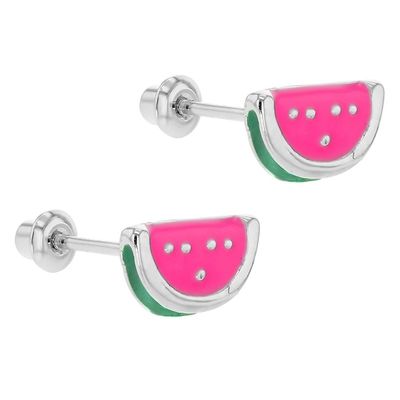Silver Pink dan Green Enamel Semangka Anak-anak Memutar Kembali Earring untuk Hadiah
