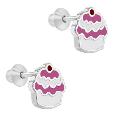 Anting-anting Anak Perempuan Sekrup Belakang Perak Sterling 925 Enamel Merah Muda Cupcake Perhiasan