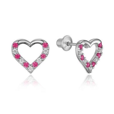 Micro Insert Heart Pink Screw Back Earrings untuk Anak-anak dalam 925 Sterling Silver