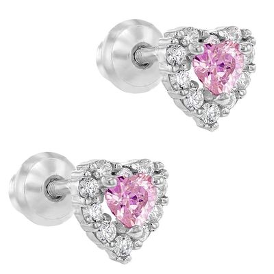 Rose Gold Plated Heart Pink CZ Screw Back Stud Earrings untuk Anak-anak dalam 925 Sterling Silver